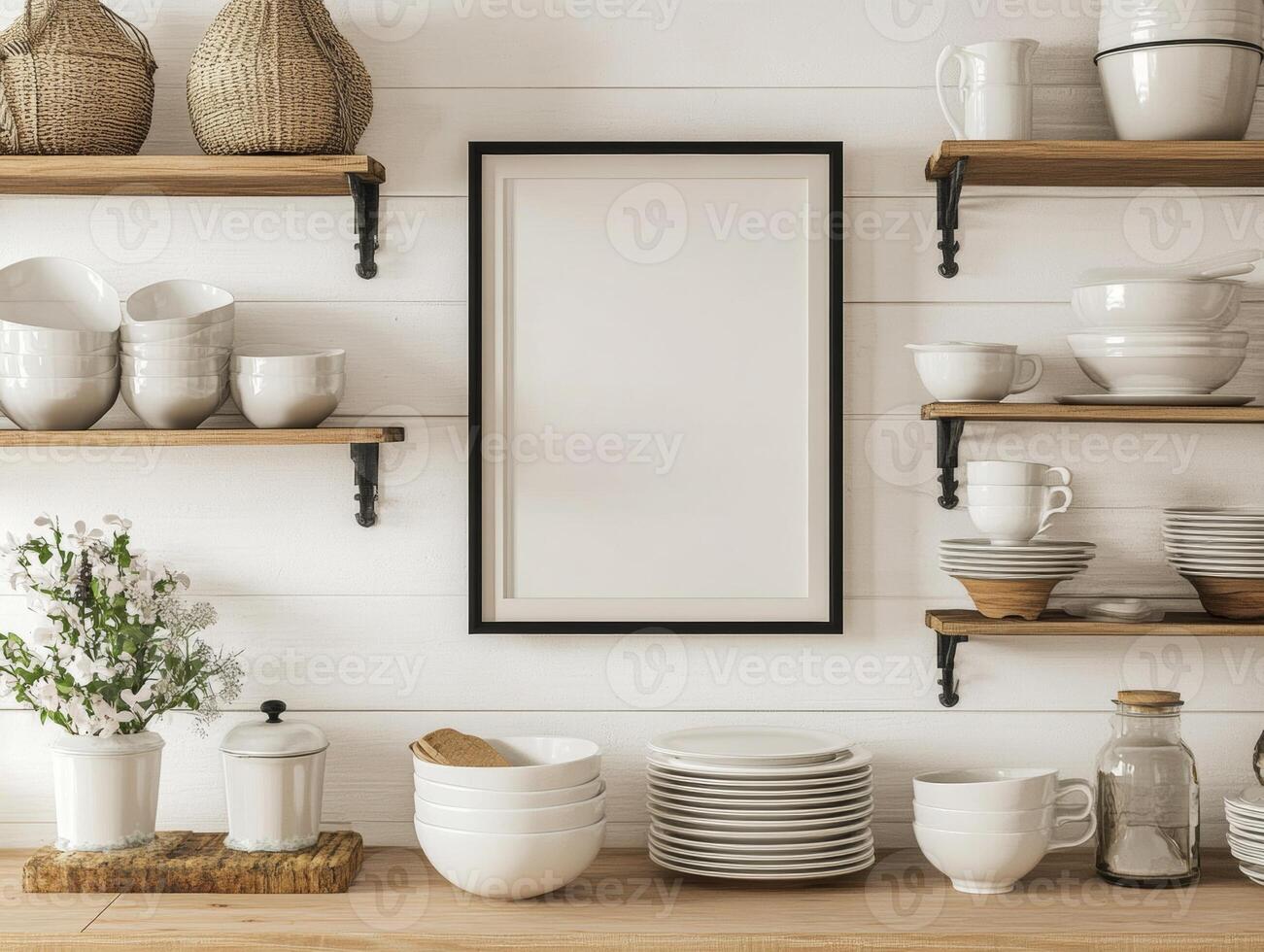 Frame Mockup on Shiplap Wall in Farmhouse Kitchen with Rustic Open Shelves photo