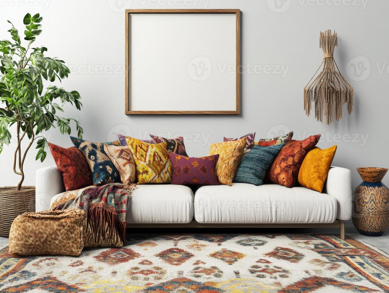 Mockup Frame Above Low Sofa with Vibrant Pillows and Boho-Chic Rug photo