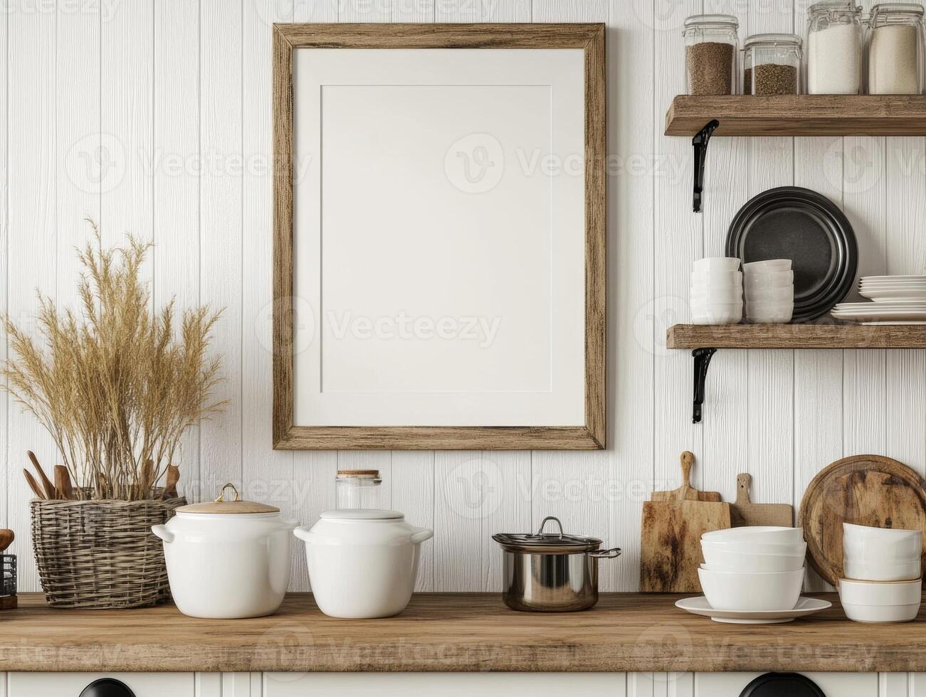 Frame Mockup on Shiplap Wall in Farmhouse Kitchen with Rustic Open Shelves photo