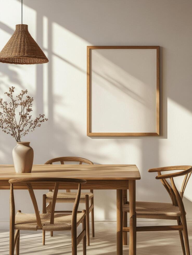 Frame Mockup Above Wooden Dining Table with Matching Chairs and Pendant Light photo