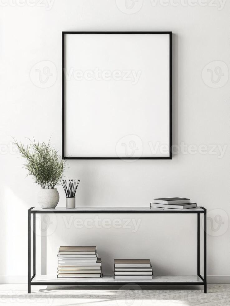 Simple Frame on White Wall with Modern Console Table and Decor photo