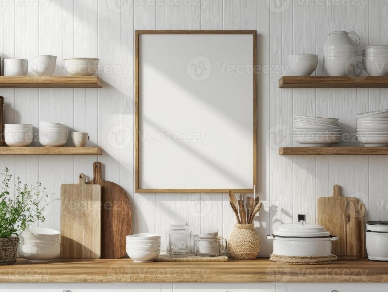 Frame Mockup on Shiplap Wall in Farmhouse Kitchen with Rustic Open Shelves photo