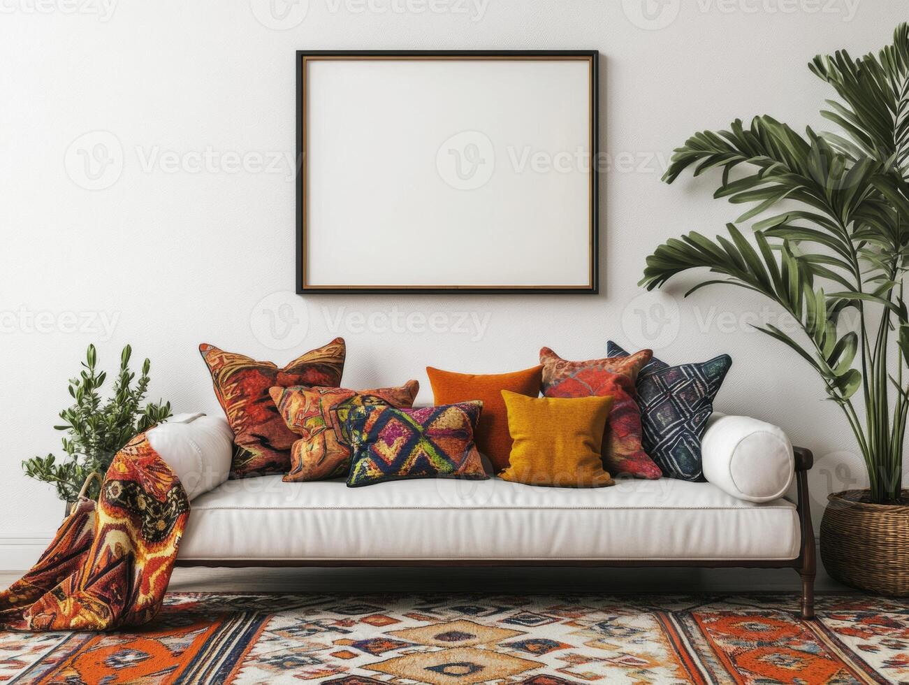 Mockup Frame Above Low Sofa with Vibrant Pillows and Boho-Chic Rug photo