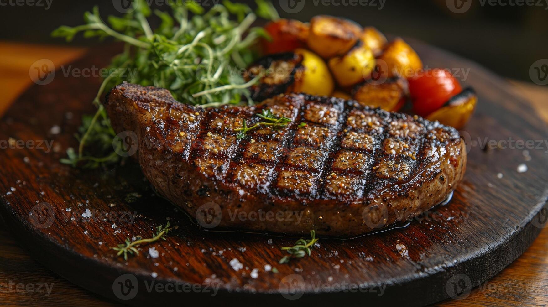 Grilled Steak Perfection. Juicy Medium-Rare with Roasted Vegetables on Rustic Wood photo