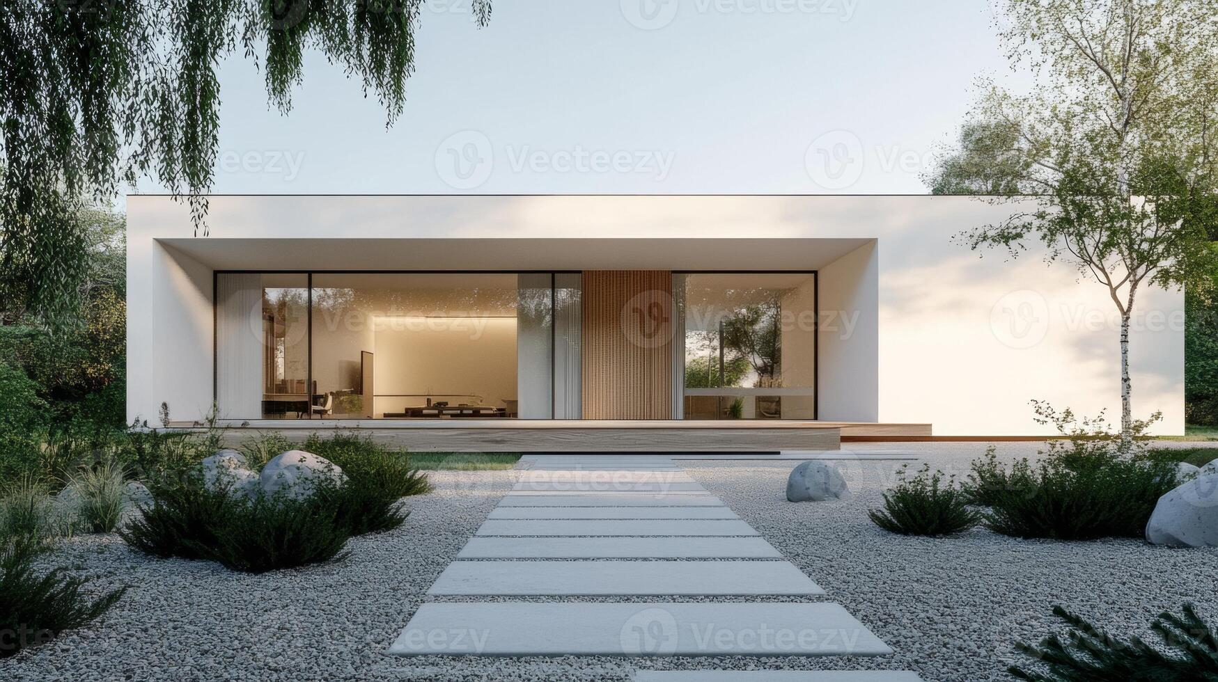 Modern Flat Roofed House with White Exterior and Minimalist Entryway photo