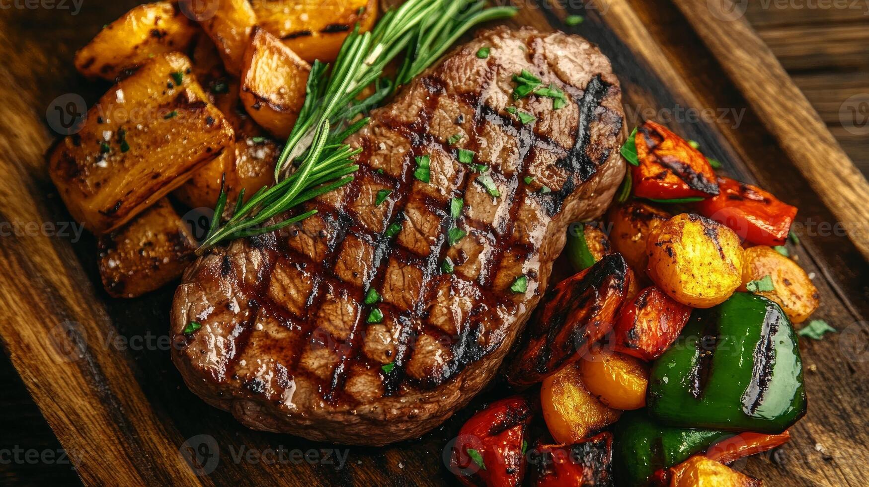 Grilled Steak Perfection. Juicy Medium-Rare with Roasted Vegetables on Rustic Wood photo