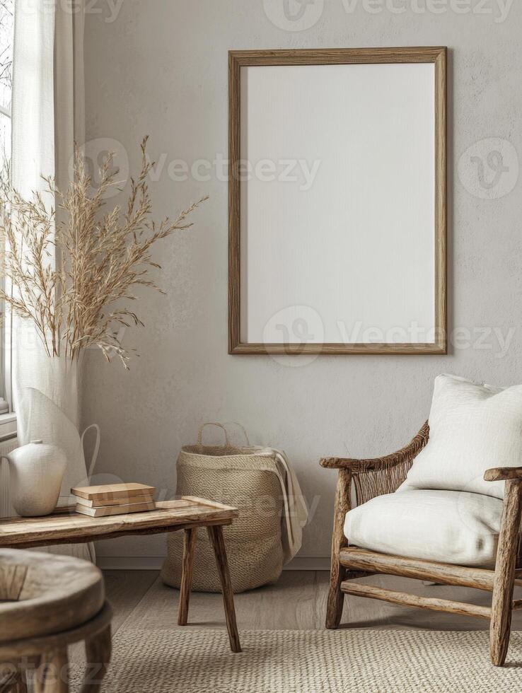3D Render of a Farmhouse Living Room Interior with a Mockup Frame photo