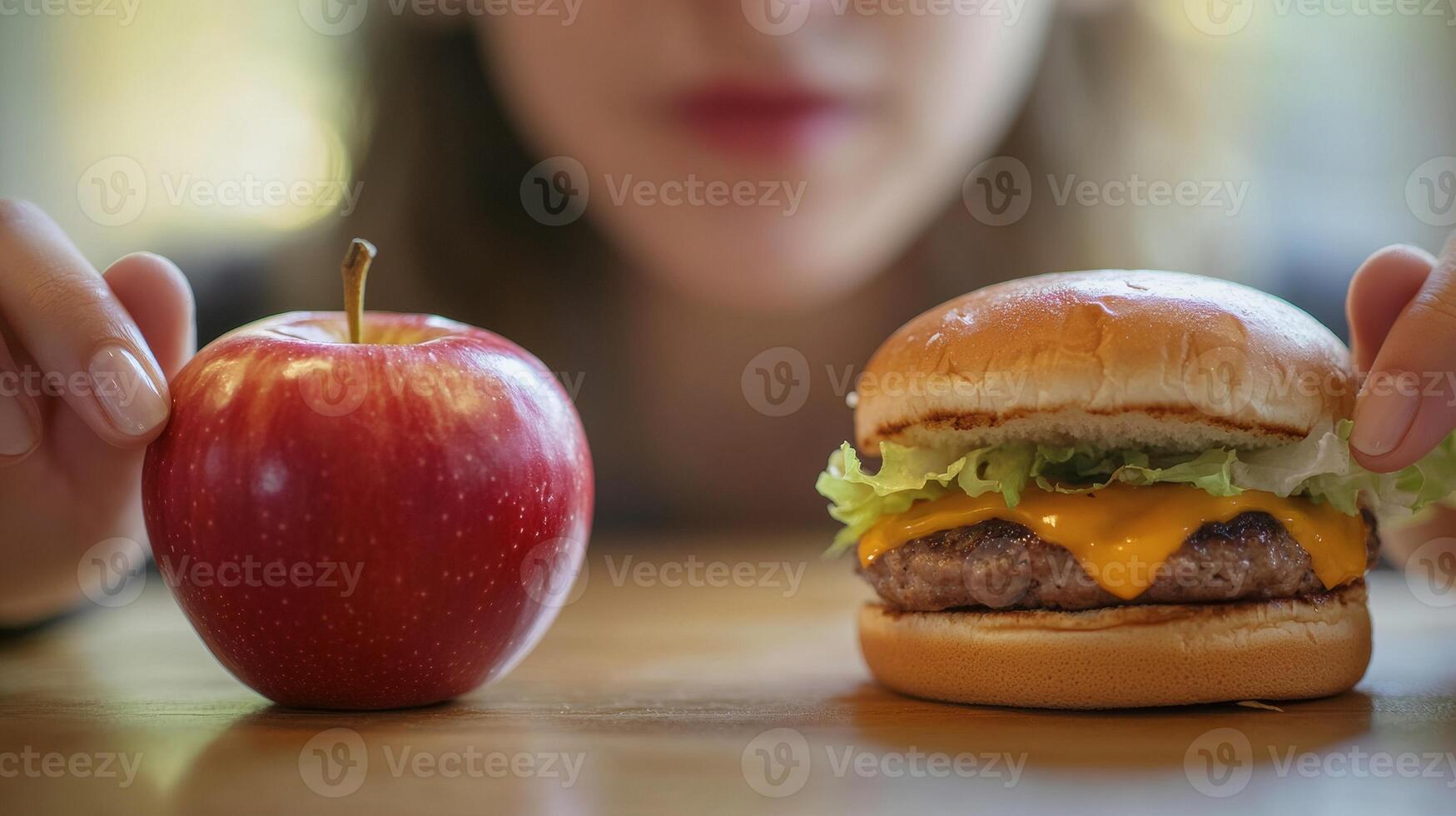 Contemplation. Choosing Between a Fresh Apple and a Greasy Hamburger photo