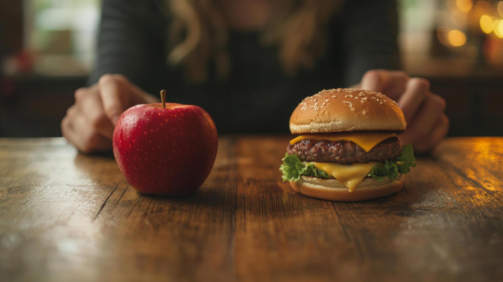 Contemplation. Choosing Between a Fresh Apple and a Greasy Hamburger photo
