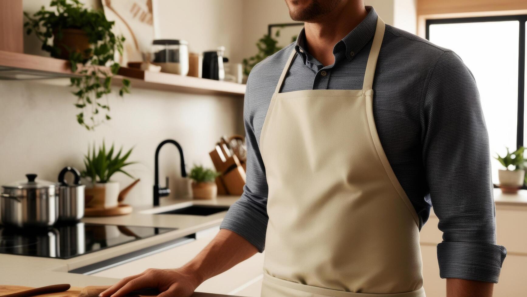 Man in Apron in Modern Kitchen photo