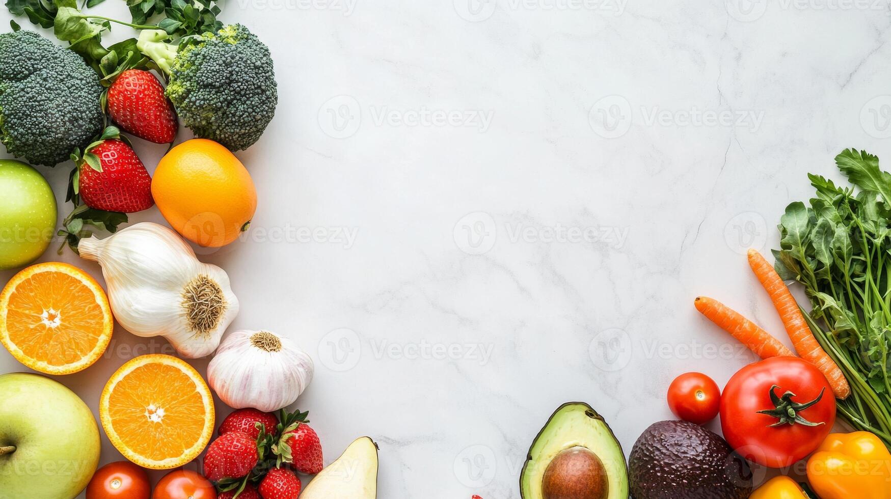 Assorted Fresh Fruits and Vegetables on Marble Background photo