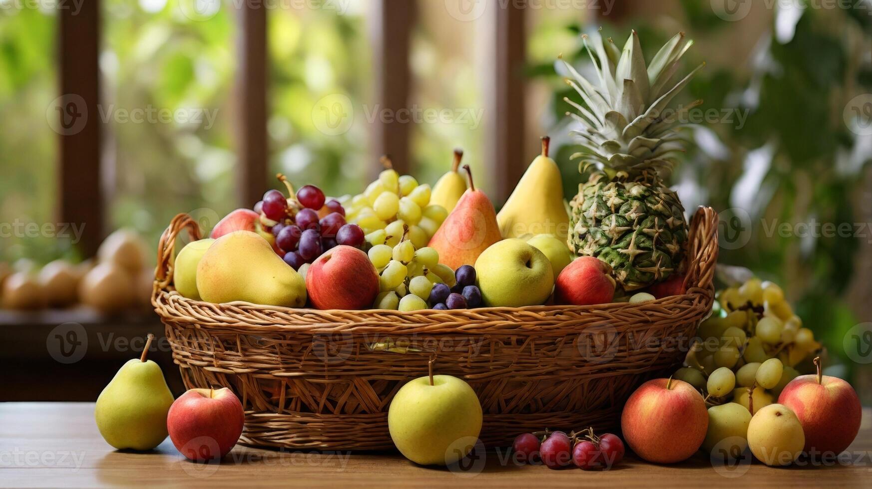 Elegant Fruit Basket on Table. A Symbol of Freshness and Hospitality photo