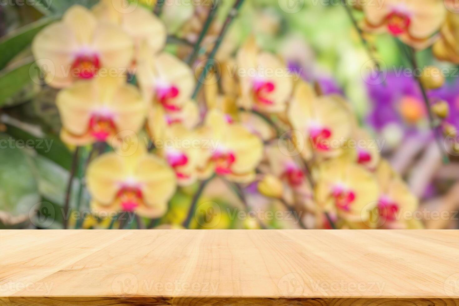 Empty wood table top with blur orchid garden background for product display photo