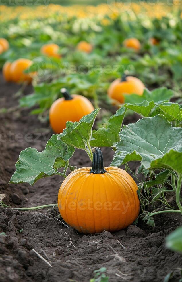 Pumpkins scattered across a farm field, thriving in a pumpkin patch, ready for harvest photo
