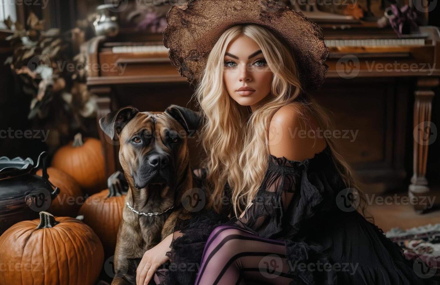 A blonde witch sits beside her dog, surrounded by pumpkins, a broomstick, and decorations photo