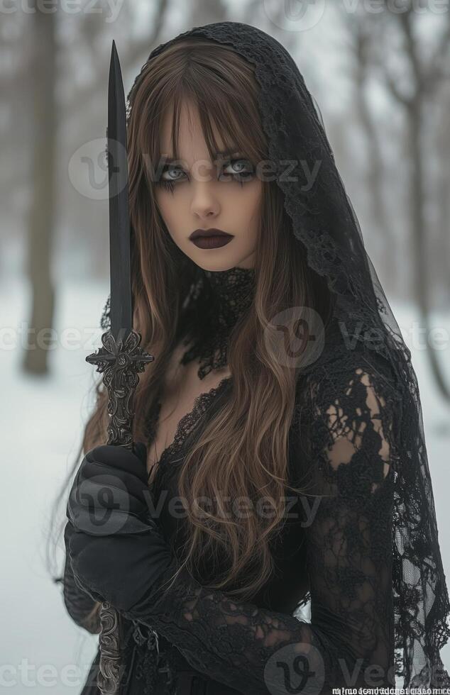 A female vampire with pale skin, long brown hair, wearing a black veil and gloves, holding a dagger photo