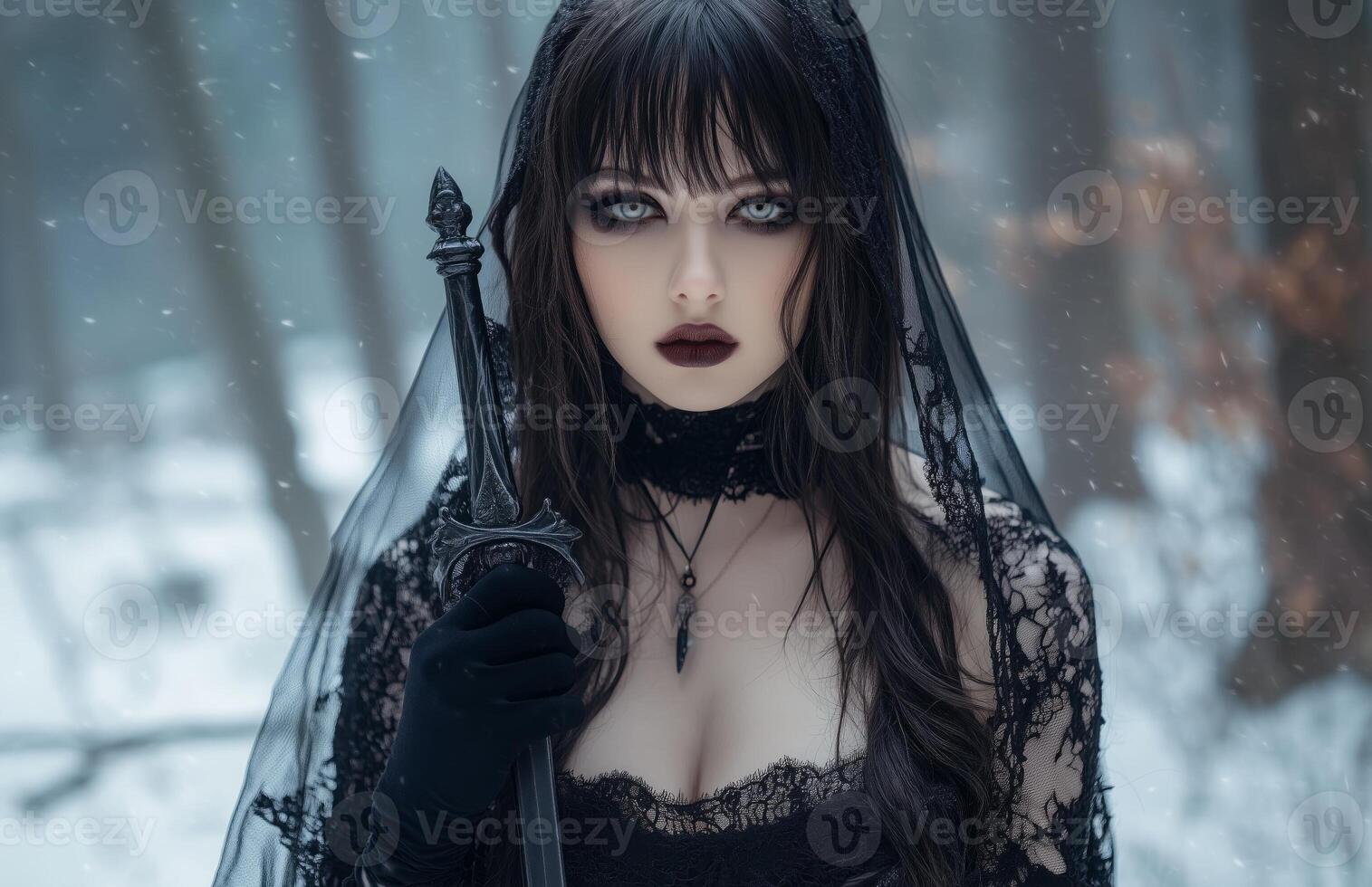 A female vampire with pale skin, long brown hair, wearing a black veil and gloves, holding a dagger photo