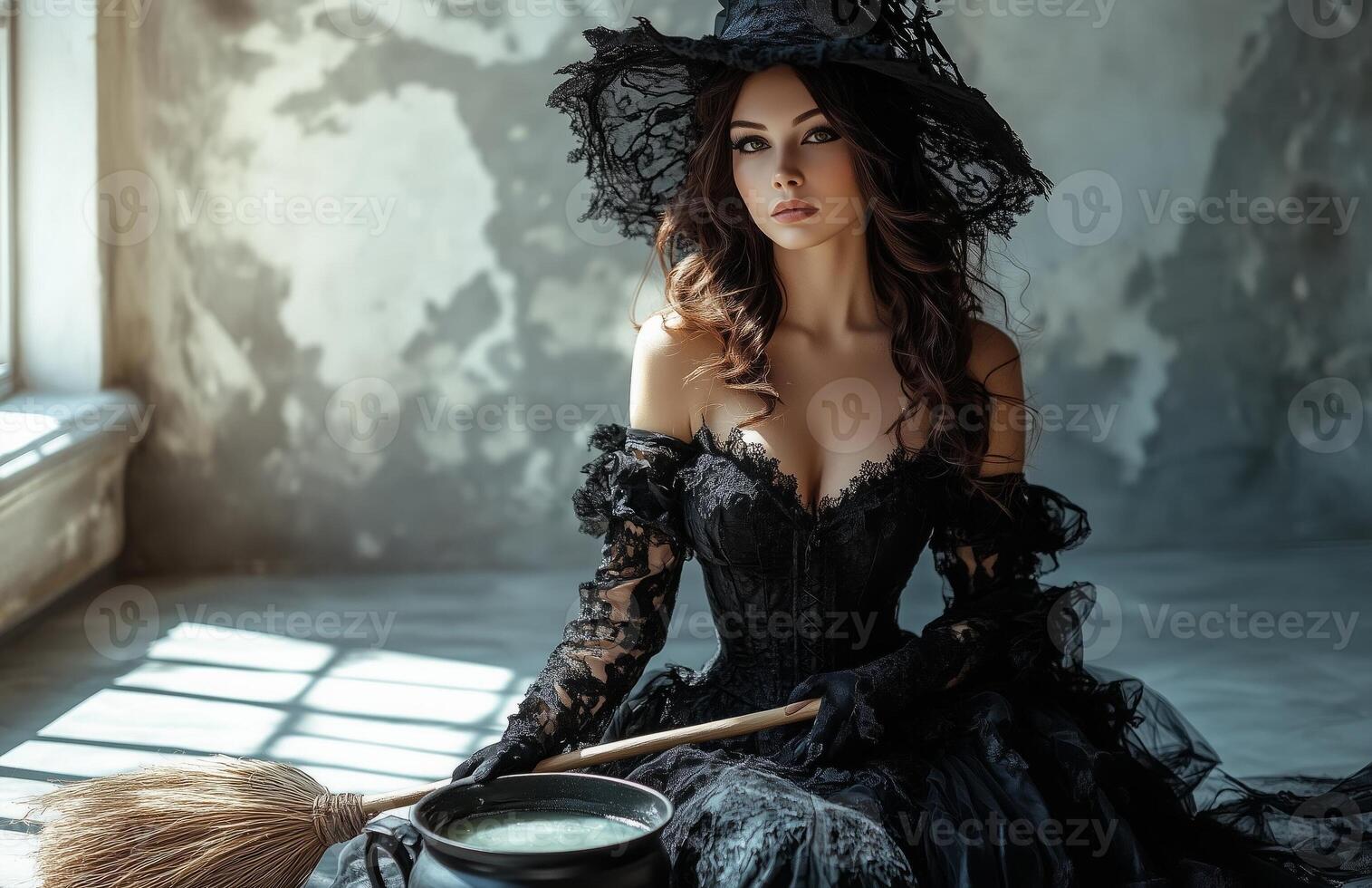 A stunning woman dressed as a witch holding a broom, standing beside a bubbling cauldron photo