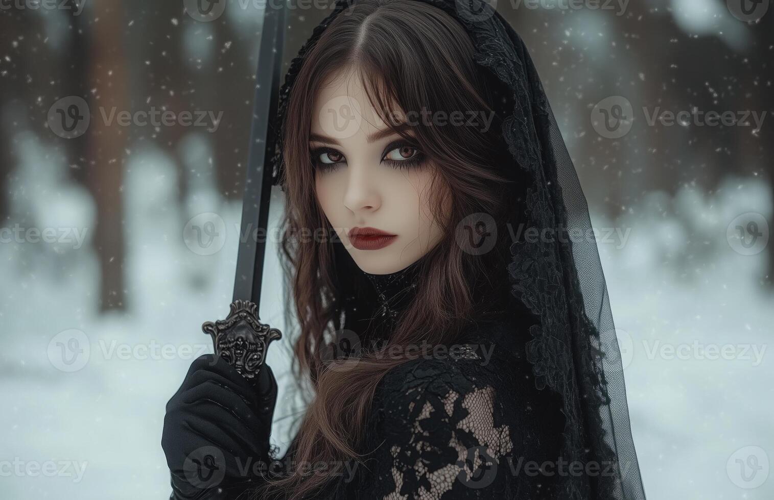 A female vampire with pale skin, long brown hair, wearing a black veil and gloves, holding a dagger photo
