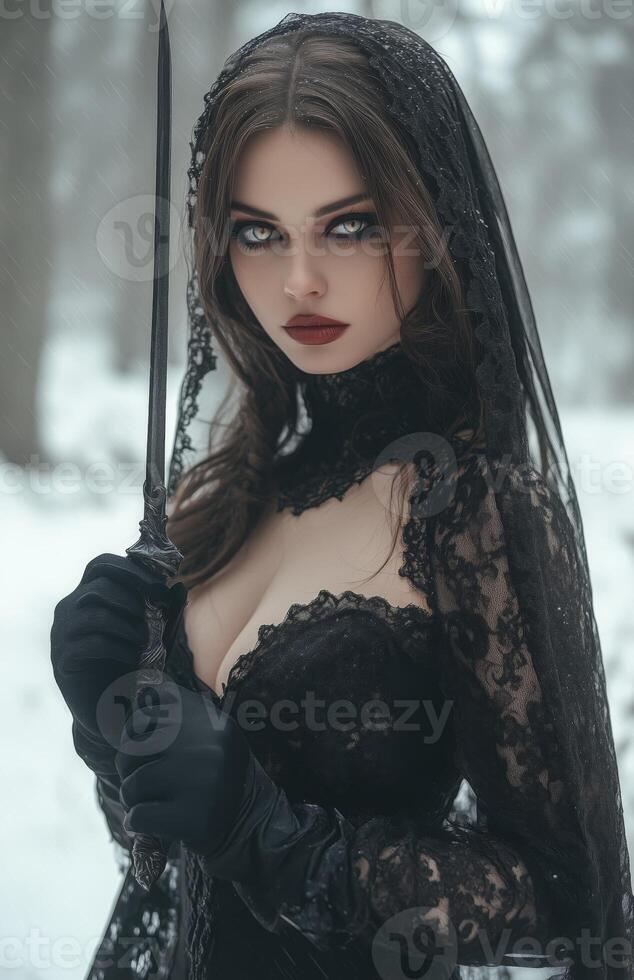 A female vampire with pale skin, long brown hair, wearing a black veil and gloves, holding a dagger photo