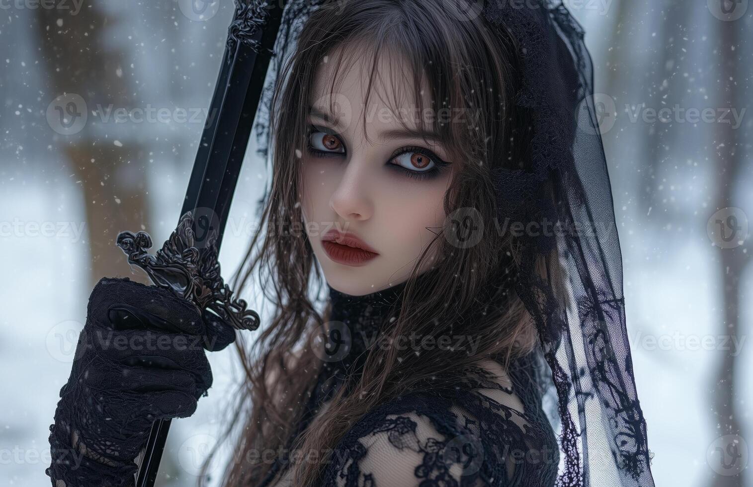 A female vampire with pale skin, long brown hair, wearing a black veil and gloves, holding a dagger photo