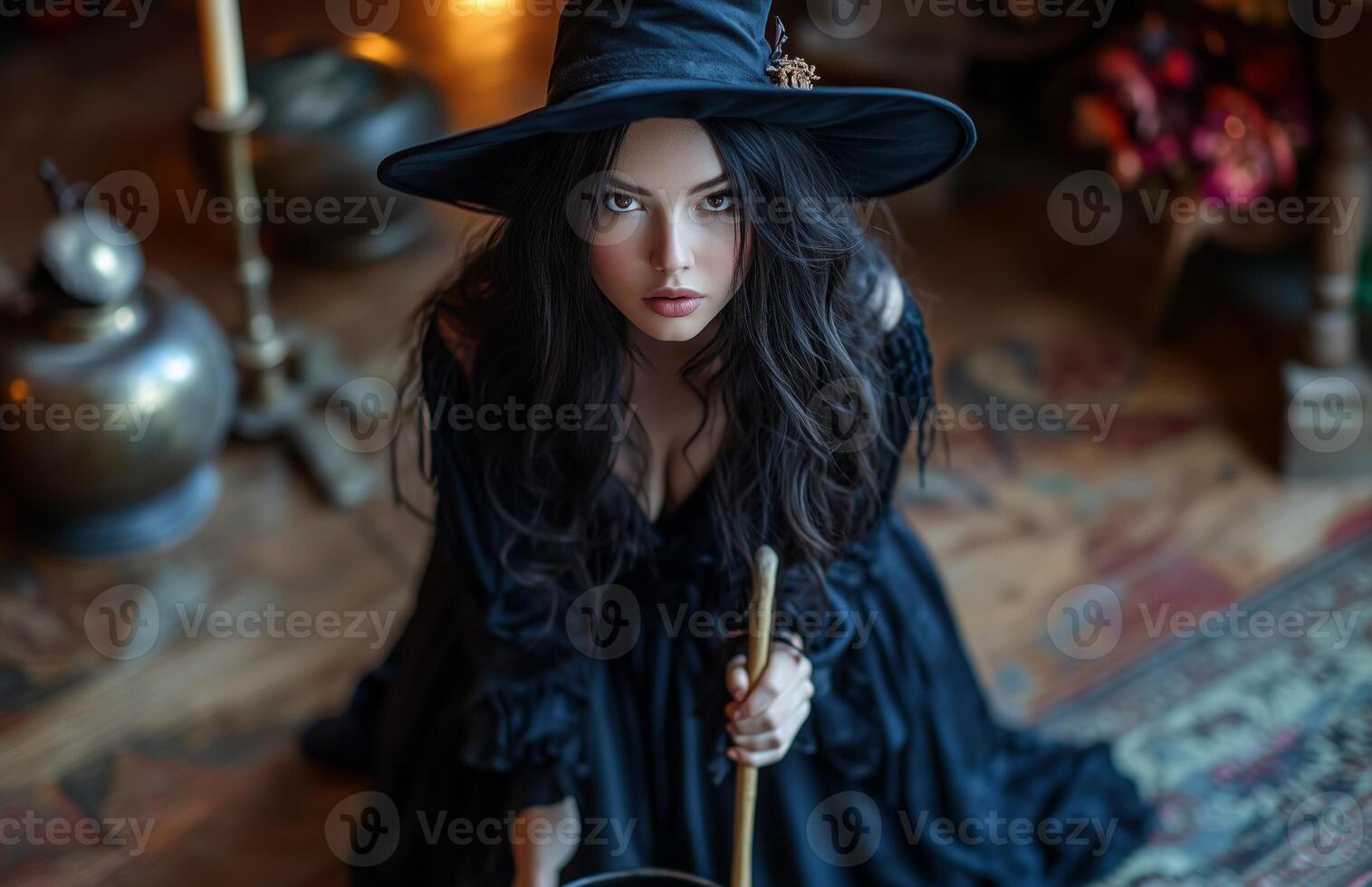 A stunning woman dressed as a witch holding a broom, standing beside a bubbling cauldron photo