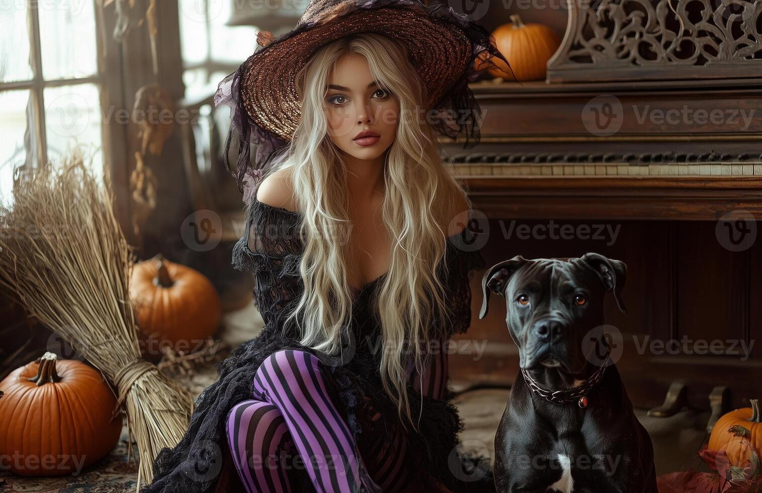 A blonde witch sits beside her dog, surrounded by pumpkins, a broomstick, and decorations photo