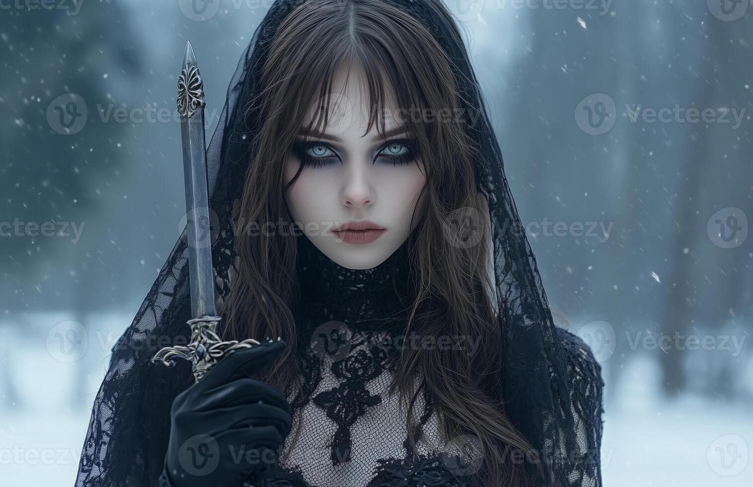 A female vampire with pale skin, long brown hair, wearing a black veil and gloves, holding a dagger photo