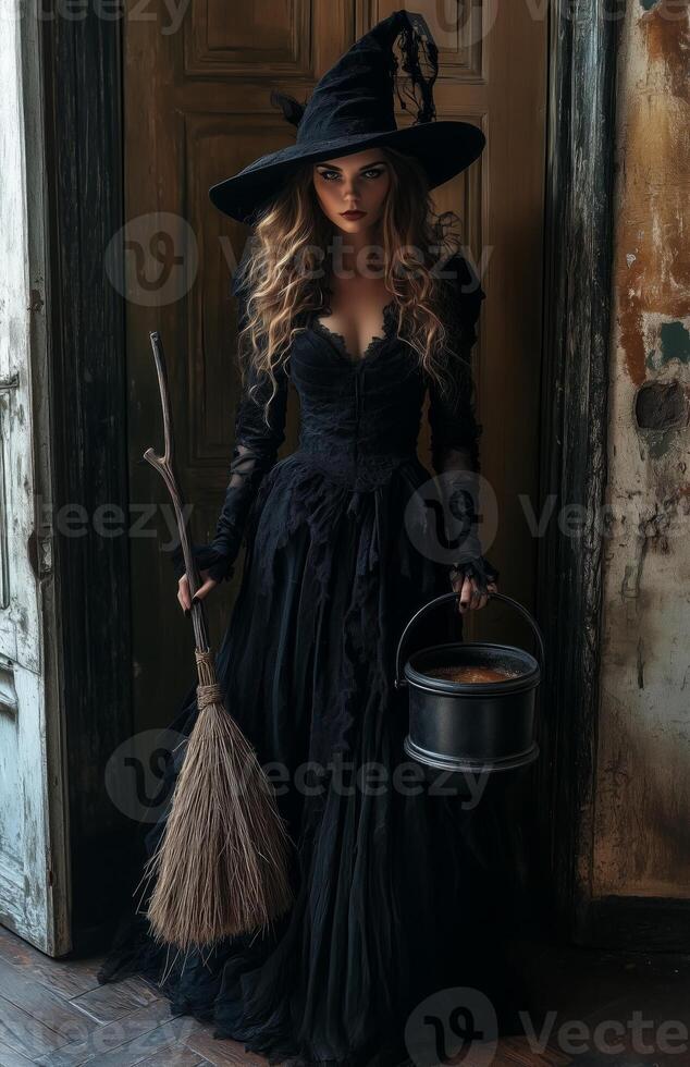 A stunning woman dressed as a witch holding a broom, standing beside a bubbling cauldron photo