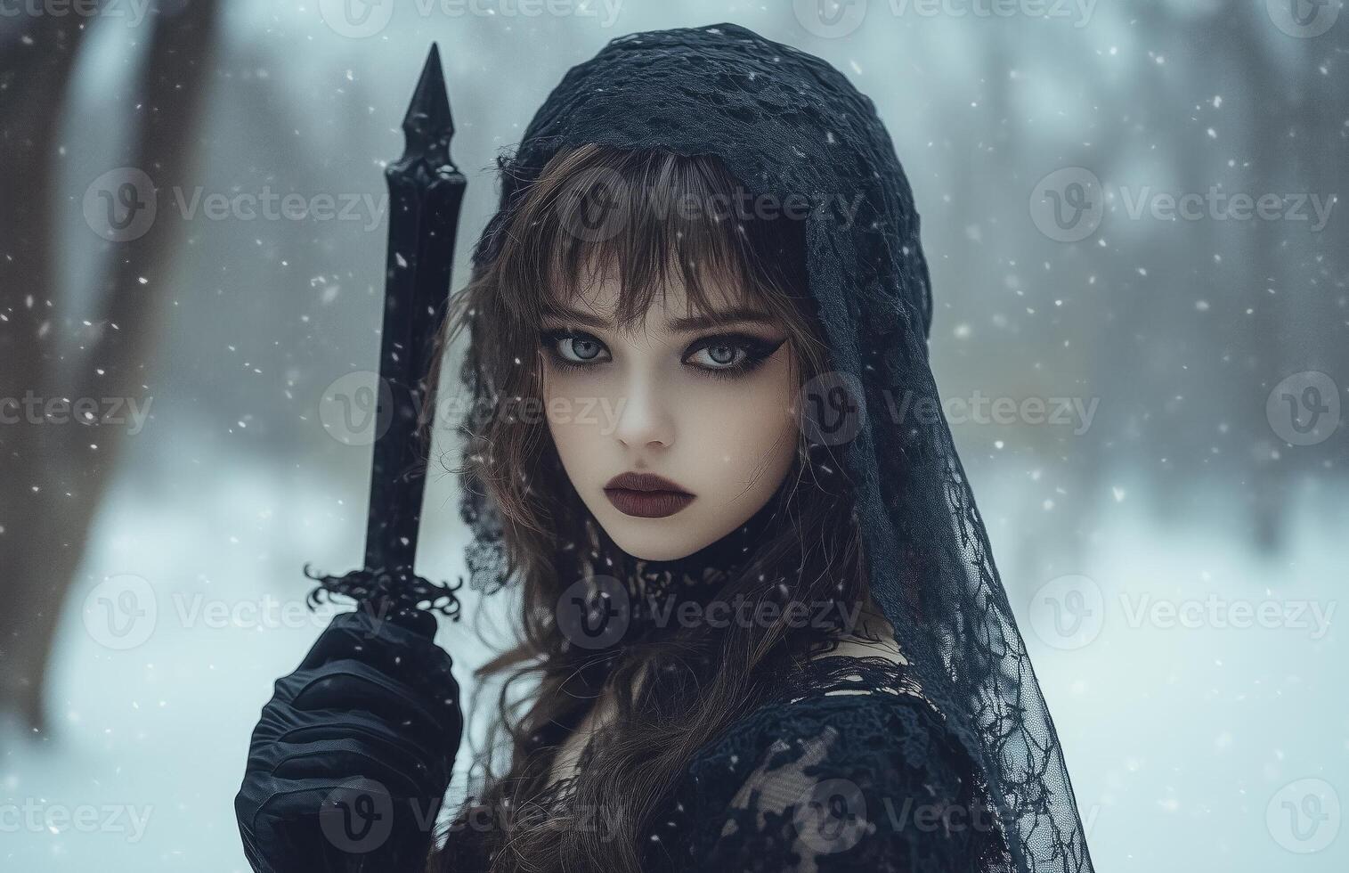 A female vampire with pale skin, long brown hair, wearing a black veil and gloves, holding a dagger photo