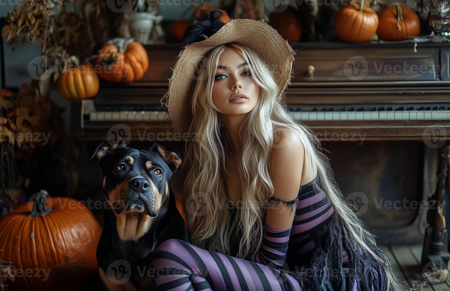 A blonde witch sits beside her dog, surrounded by pumpkins, a broomstick, and decorations photo