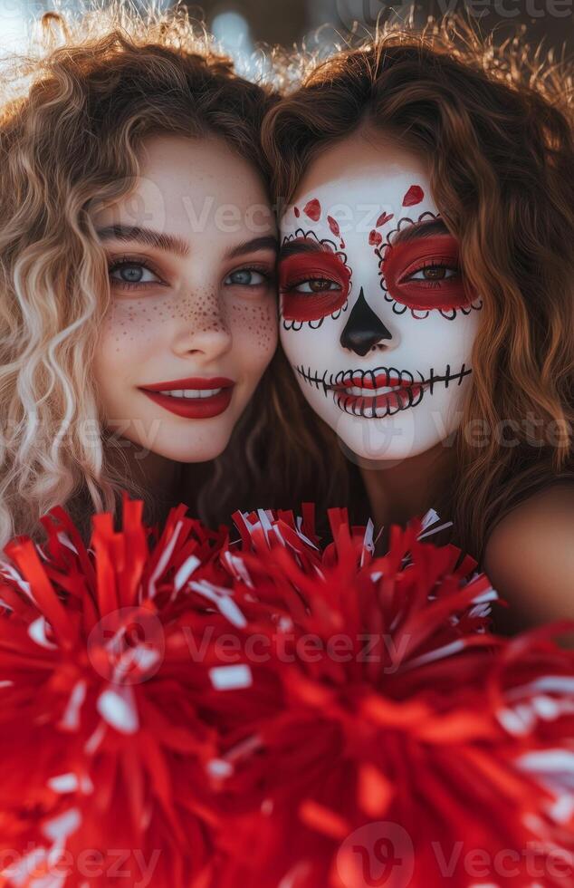 A cheerleader and her friend displaying red and white pompoms, wearing Halloween costumes with skull makeup photo