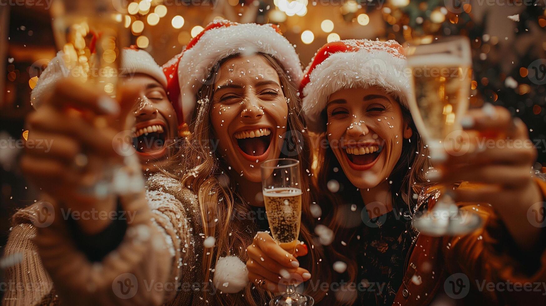 Joyful coworkers don Santa hats, ringing in the New Year at the office, toasting with champagne photo