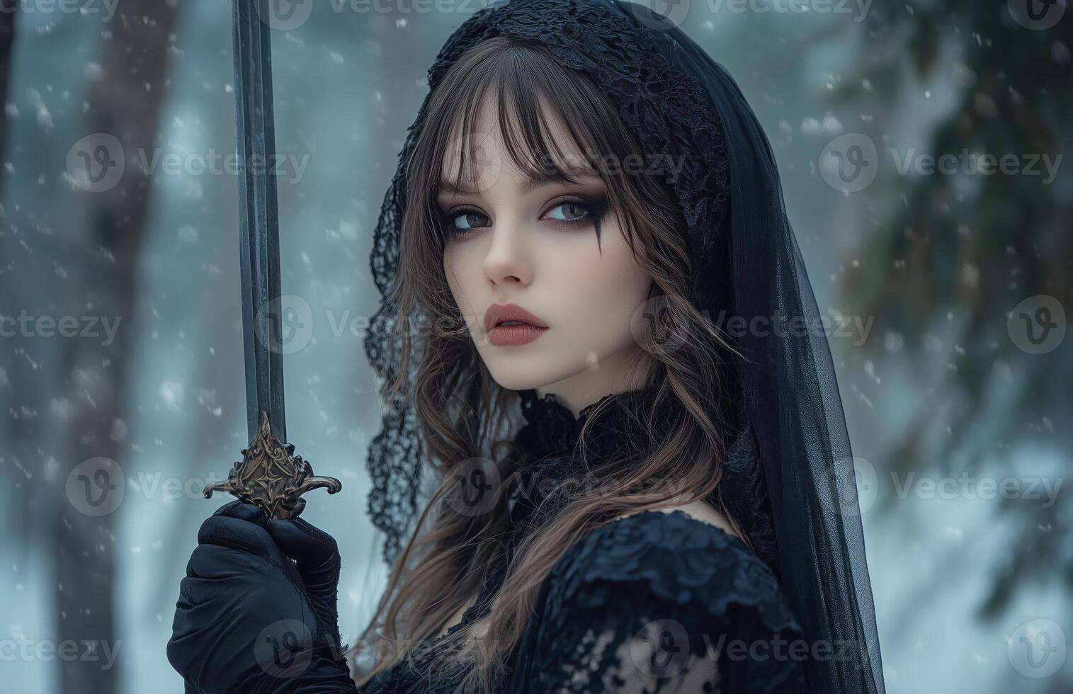 A female vampire with pale skin, long brown hair, wearing a black veil and gloves, holding a dagger photo