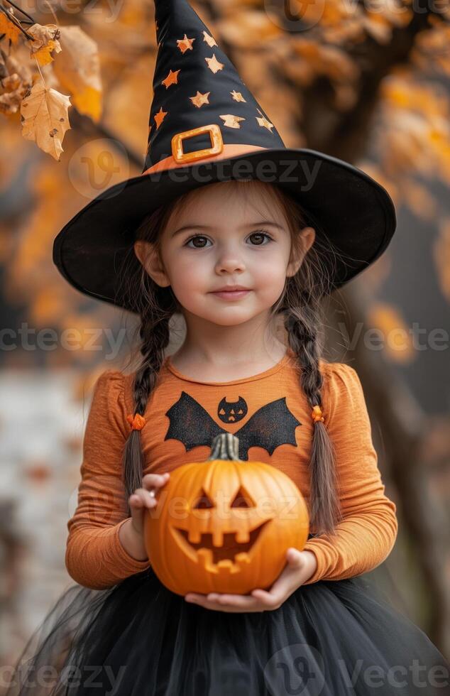 A young girl with black pigtails, an orange shirt, a witch hat, and a pumpkin photo