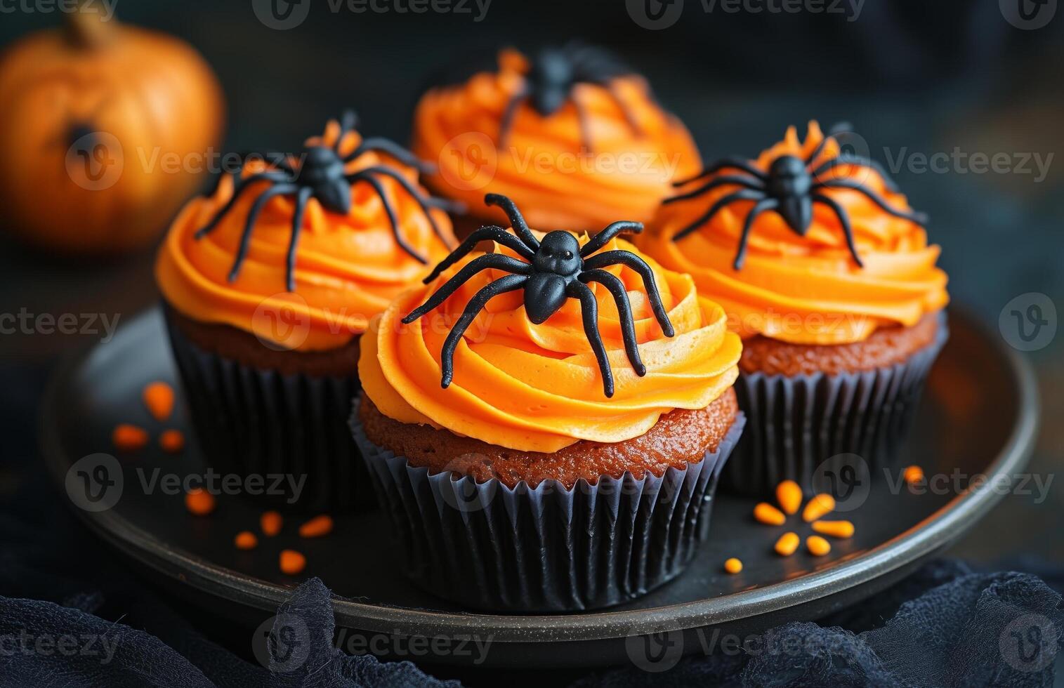 Halloween themed cupcakes with spider decorations are creatively arranged on a festive plate for display photo