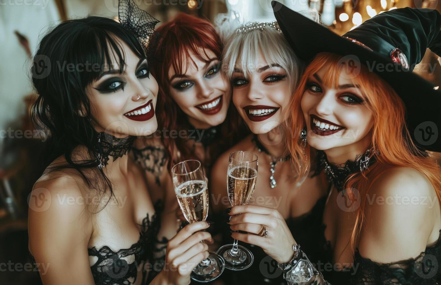 Friends in costume clinking champagne glasses at a Halloween party, celebrating joyfully together photo