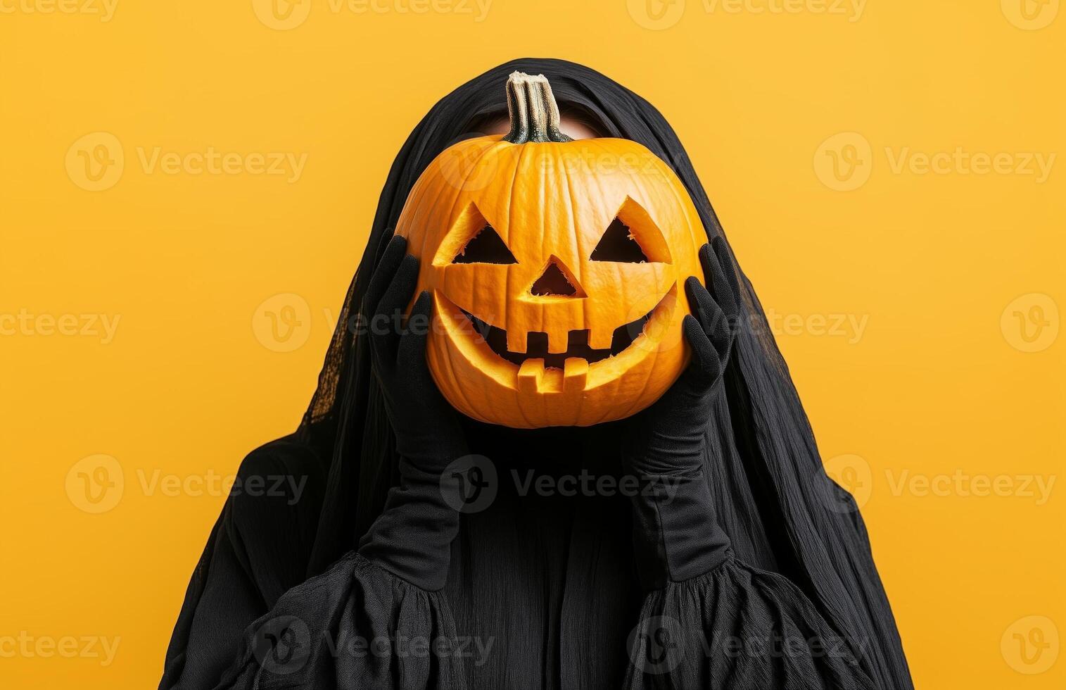 A woman in black robes holds a carved pumpkin head over her face on a yellow background photo