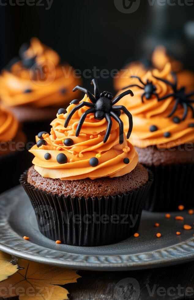 Halloween themed cupcakes with spider decorations are creatively arranged on a festive plate for display photo
