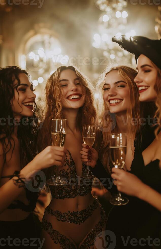 Friends in costume clinking champagne glasses at a Halloween party, celebrating joyfully together photo