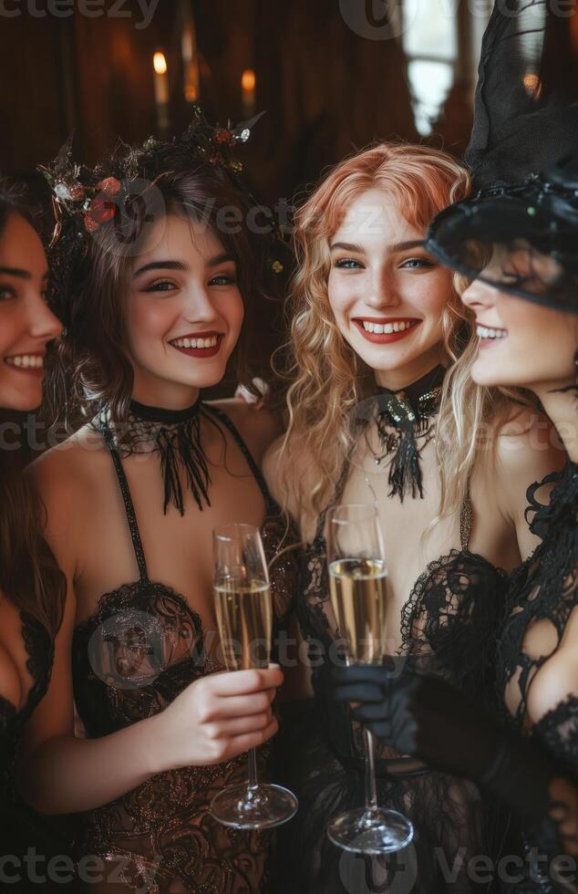 Friends in costume clinking champagne glasses at a Halloween party, celebrating joyfully together photo