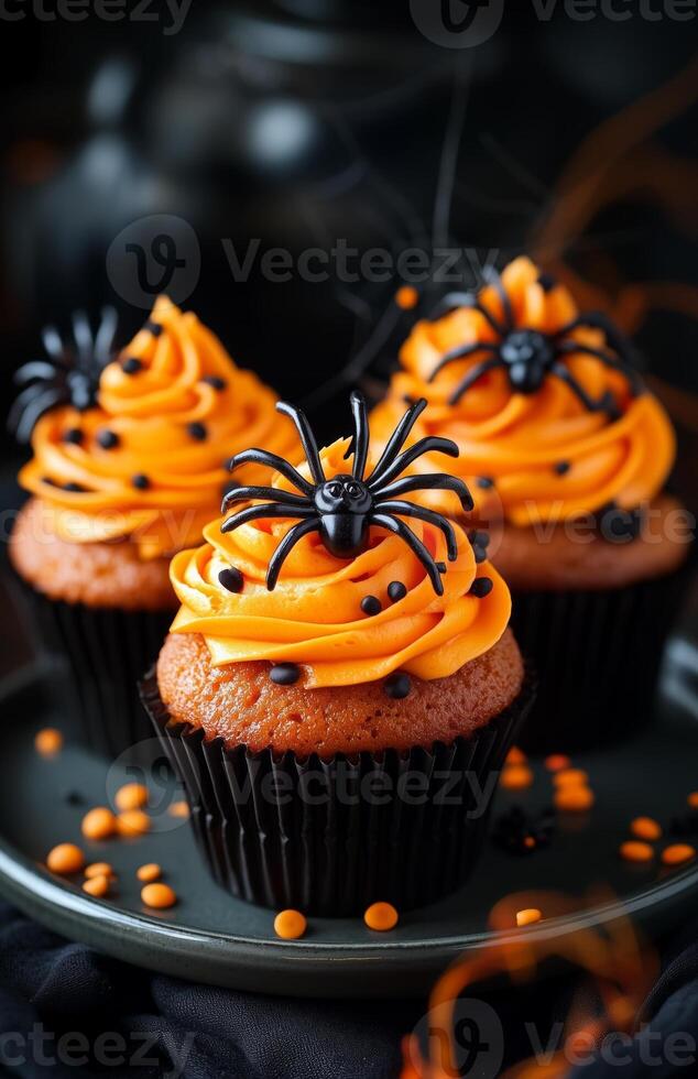 Halloween themed cupcakes with spider decorations are creatively arranged on a festive plate for display photo