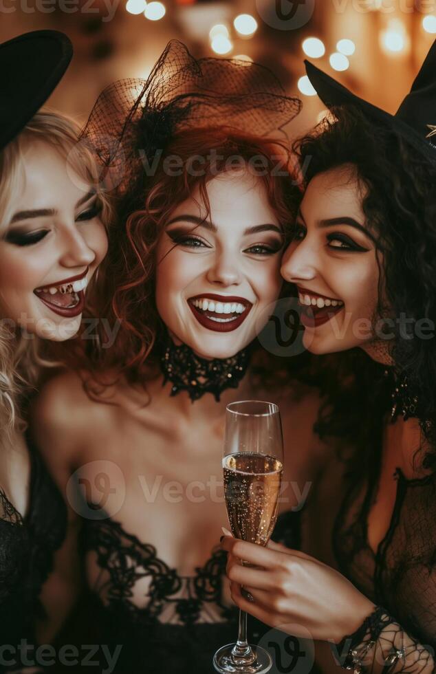 Friends in costume clinking champagne glasses at a Halloween party, celebrating joyfully together photo