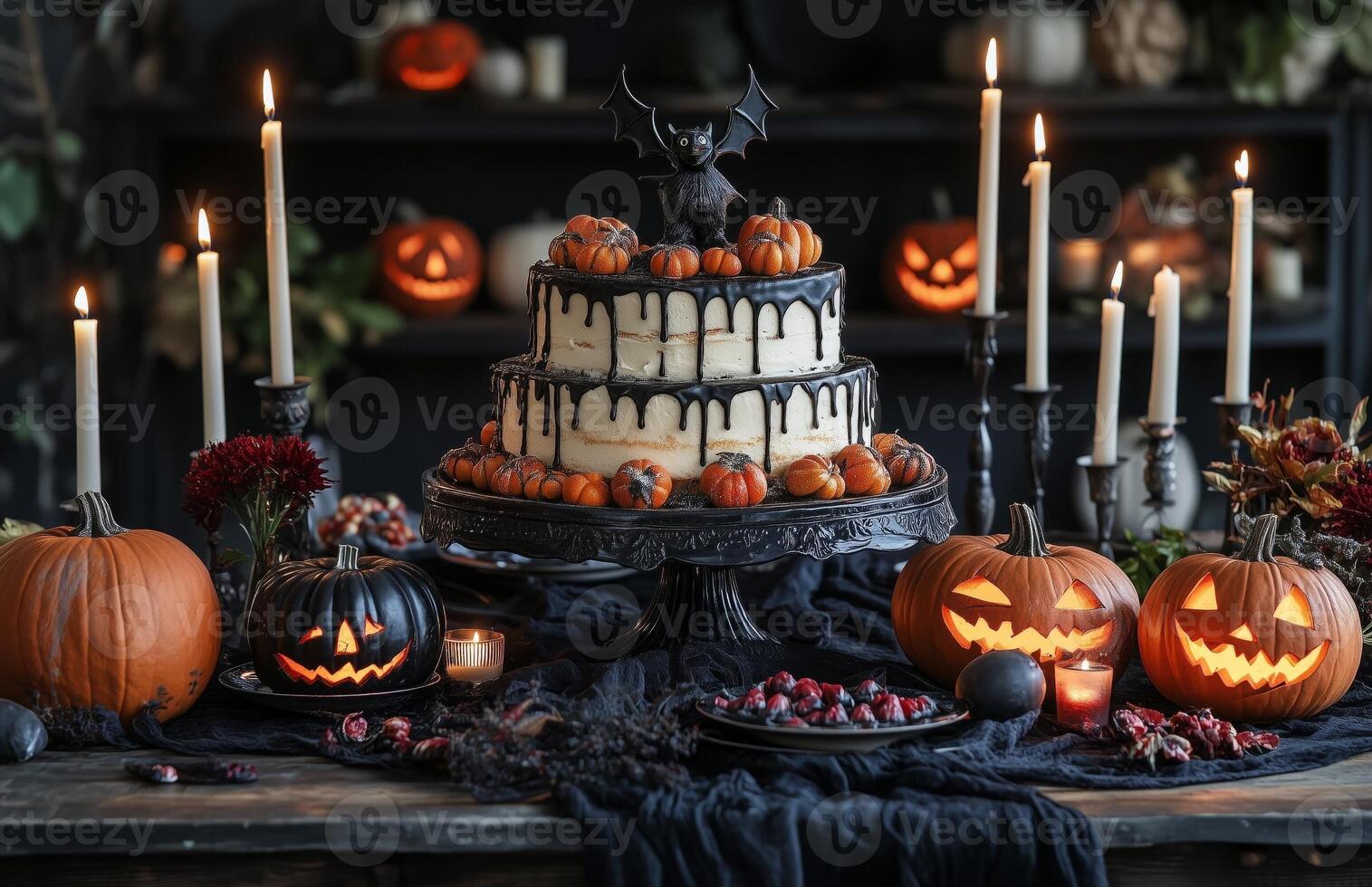 A Halloween-themed table with a cake, candles, and pumpkins set against a dark background photo