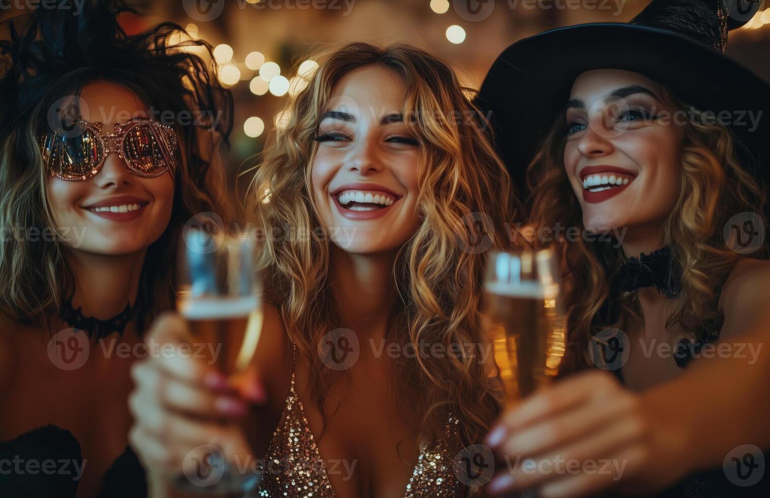 Friends in costume clinking champagne glasses at a Halloween party, celebrating joyfully together photo