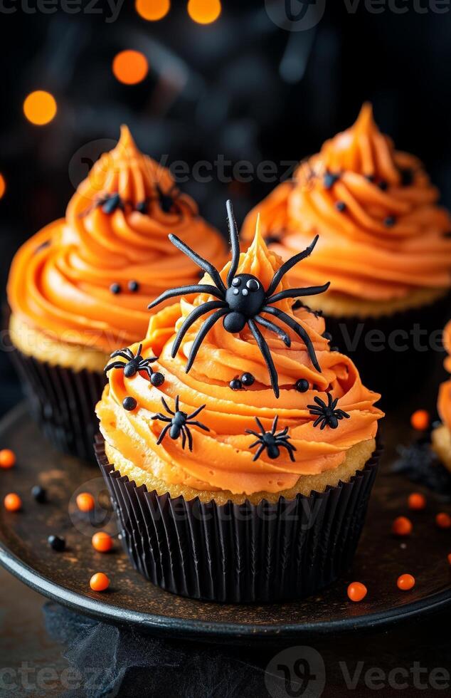 Halloween themed cupcakes with spider decorations are creatively arranged on a festive plate for display photo