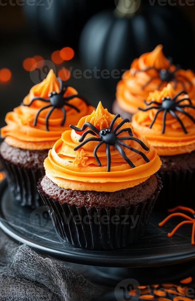Halloween themed cupcakes with spider decorations are creatively arranged on a festive plate for display photo