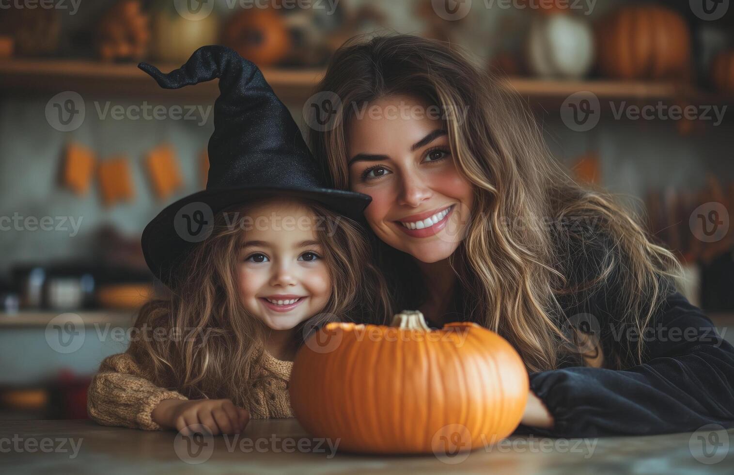 A mother and daughter sit at a table decorating a pumpkin for Halloween in festive costumes photo