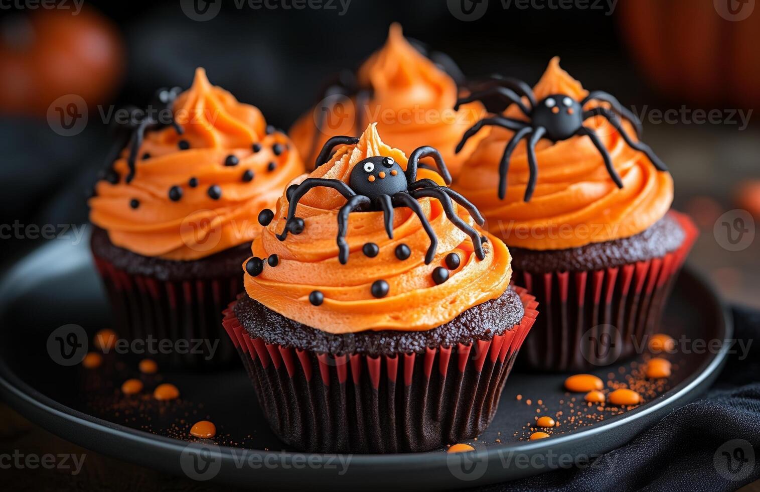 Halloween themed cupcakes with spider decorations are creatively arranged on a festive plate for display photo