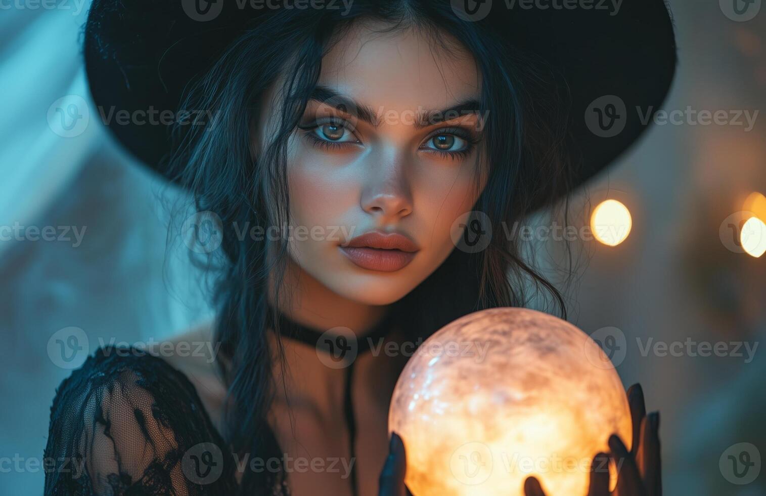 A beautiful woman in a black witch costume holds a glowing crystal ball with mystic energy photo